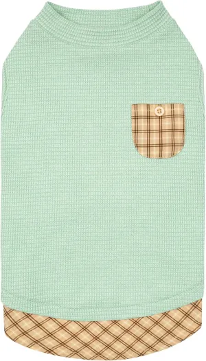 KYEESE Waffle Dog Shirts for Small Dogs Soft Stretchy T-Shirts Lightweight Puppy Tank Top Sleeveless Pet Vest with Cute Pocket and Plaid Patchwork for Daily Wear, Large