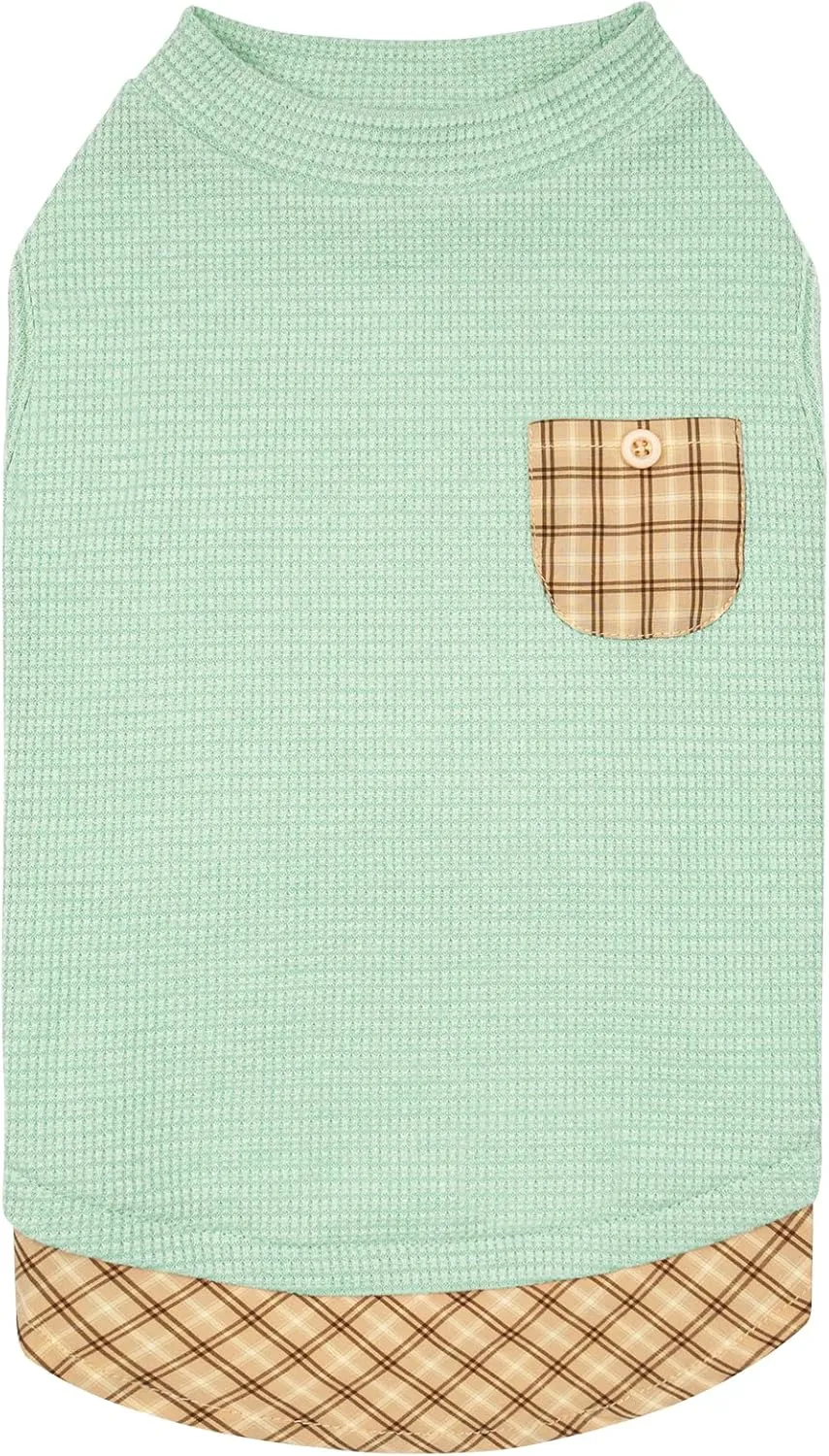 KYEESE Waffle Dog Shirts for Small Dogs Soft Stretchy T-Shirts Lightweight Puppy Tank Top Sleeveless Pet Vest with Cute Pocket and Plaid Patchwork for Daily Wear, Large