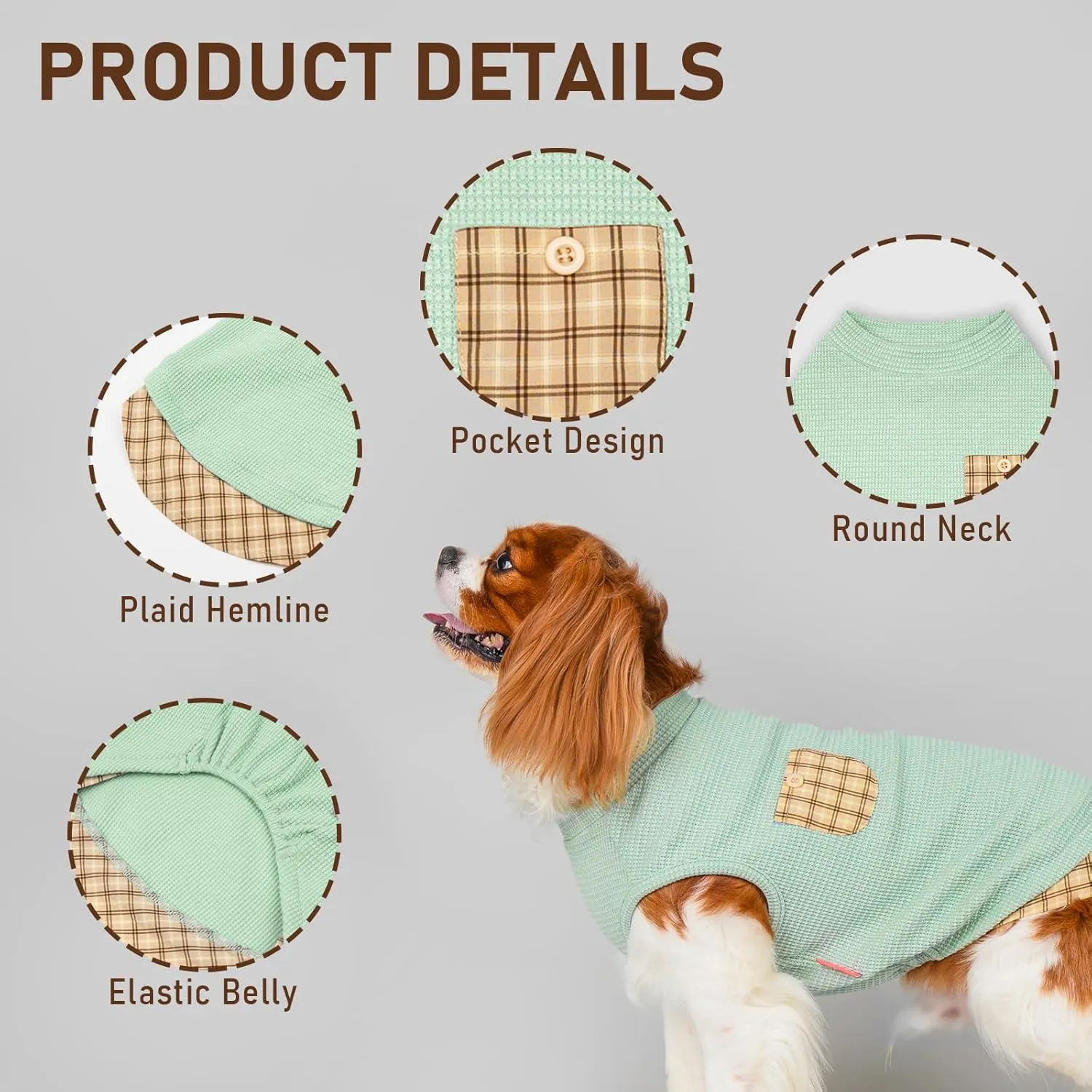 KYEESE Waffle Dog Shirts for Small Dogs Soft Stretchy T-Shirts Lightweight Puppy Tank Top Sleeveless Pet Vest with Cute Pocket and Plaid Patchwork for Daily Wear, Large