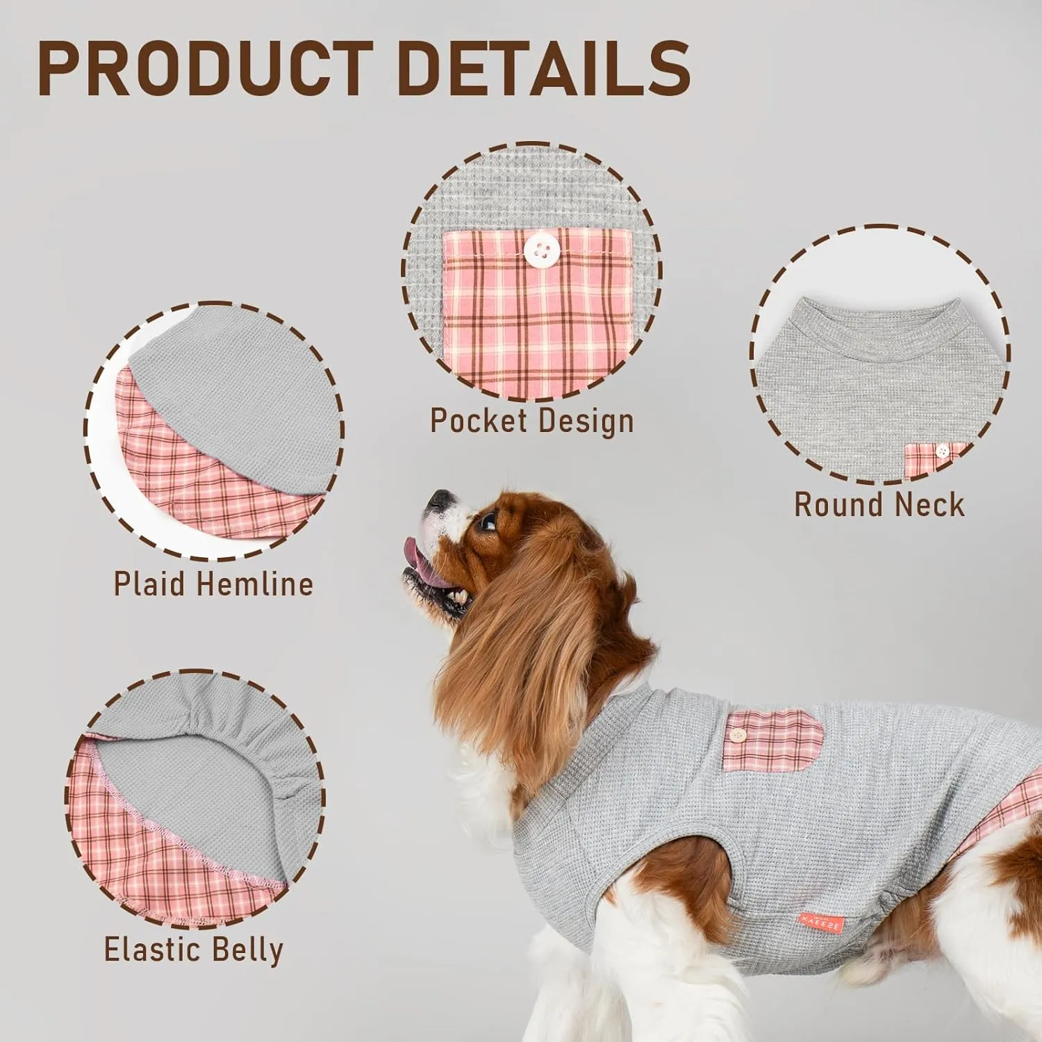KYEESE Waffle Dog Shirts for Small Dogs Soft Stretchy T-Shirts Lightweight Puppy Tank Top Sleeveless Pet Vest with Cute Pocket and Plaid Patchwork for Daily Wear, Large