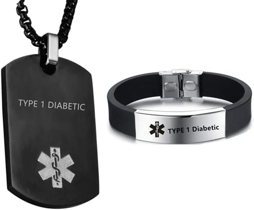 LF Stainless Steel Personalized Name ICE Custom Medical Alert Dog Tag ID Pendant Caduceus Necklace Set Silicone Rubber Chain Medical ID Health Alert Monitoring Systems Jewelry Sets for Men Women