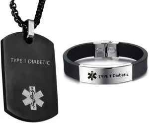LF Stainless Steel Personalized Name ICE Custom Medical Alert Dog Tag ID Pendant Caduceus Necklace Set Silicone Rubber Chain Medical ID Health Alert Monitoring Systems Jewelry Sets for Men Women