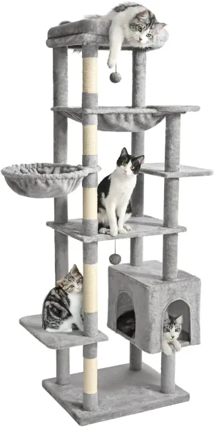 Made4Pets Tall Cat Tree, 71 Inches Cat Tree Tower for Indoor Cats Large Adult, Plush Multi-Level Cat Tower with 5 Scratching Posts, 2 Hammock, Condo and Perch, Big Cat House Indoor, Grey