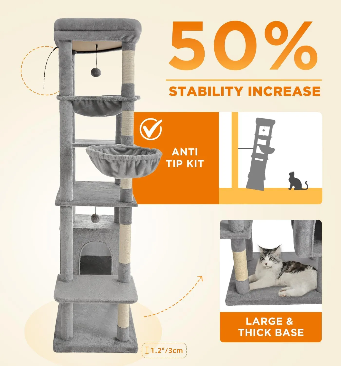 Made4Pets Tall Cat Tree, 71 Inches Cat Tree Tower for Indoor Cats Large Adult, Plush Multi-Level Cat Tower with 5 Scratching Posts, 2 Hammock, Condo and Perch, Big Cat House Indoor, Grey