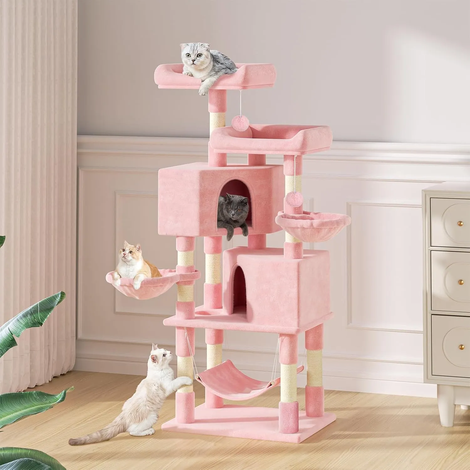 MoNiBloom 58 Inch Cat Tree Tower for Indoor Cats Large Adults, Cat Tower with Scratching Post & Hammock, Pet Play House with Cat Condo, Soft Pink
