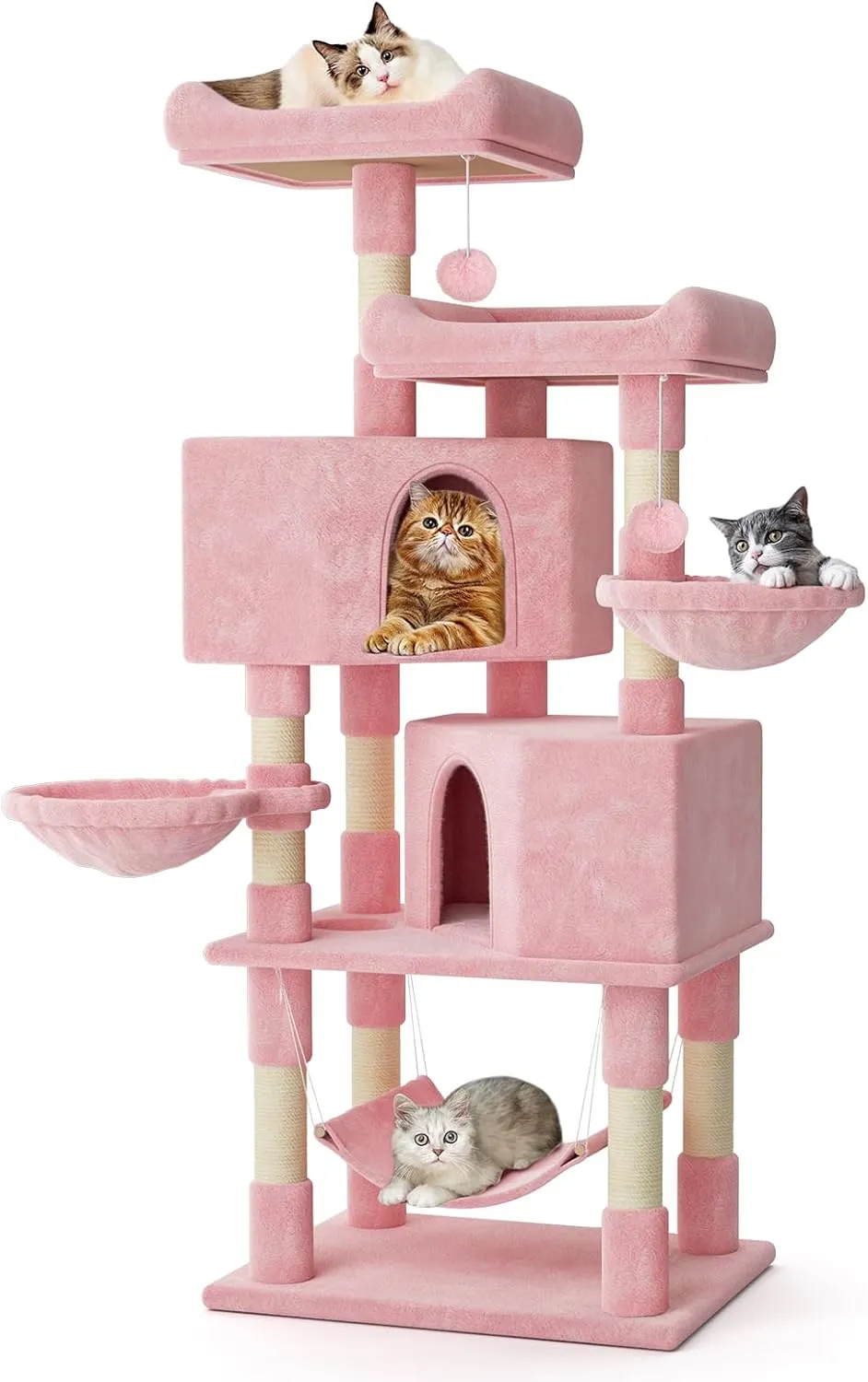 MoNiBloom 58 Inch Cat Tree Tower for Indoor Cats Large Adults, Cat Tower with Scratching Post & Hammock, Pet Play House with Cat Condo, Soft Pink
