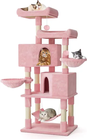 MoNiBloom 58 Inch Cat Tree Tower for Indoor Cats Large Adults, Cat Tower with Scratching Post & Hammock, Pet Play House with Cat Condo, Soft Pink