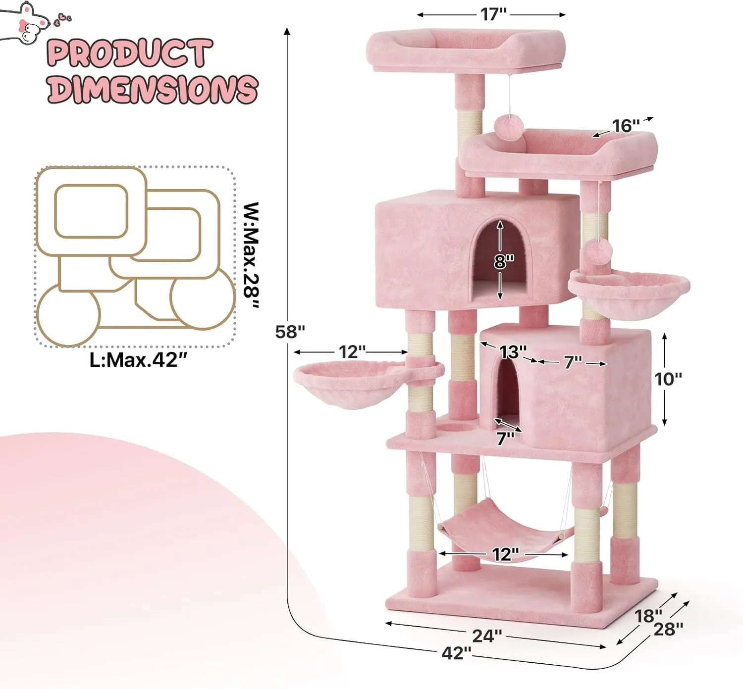 MoNiBloom 58 Inch Cat Tree Tower for Indoor Cats Large Adults, Cat Tower with Scratching Post & Hammock, Pet Play House with Cat Condo, Soft Pink