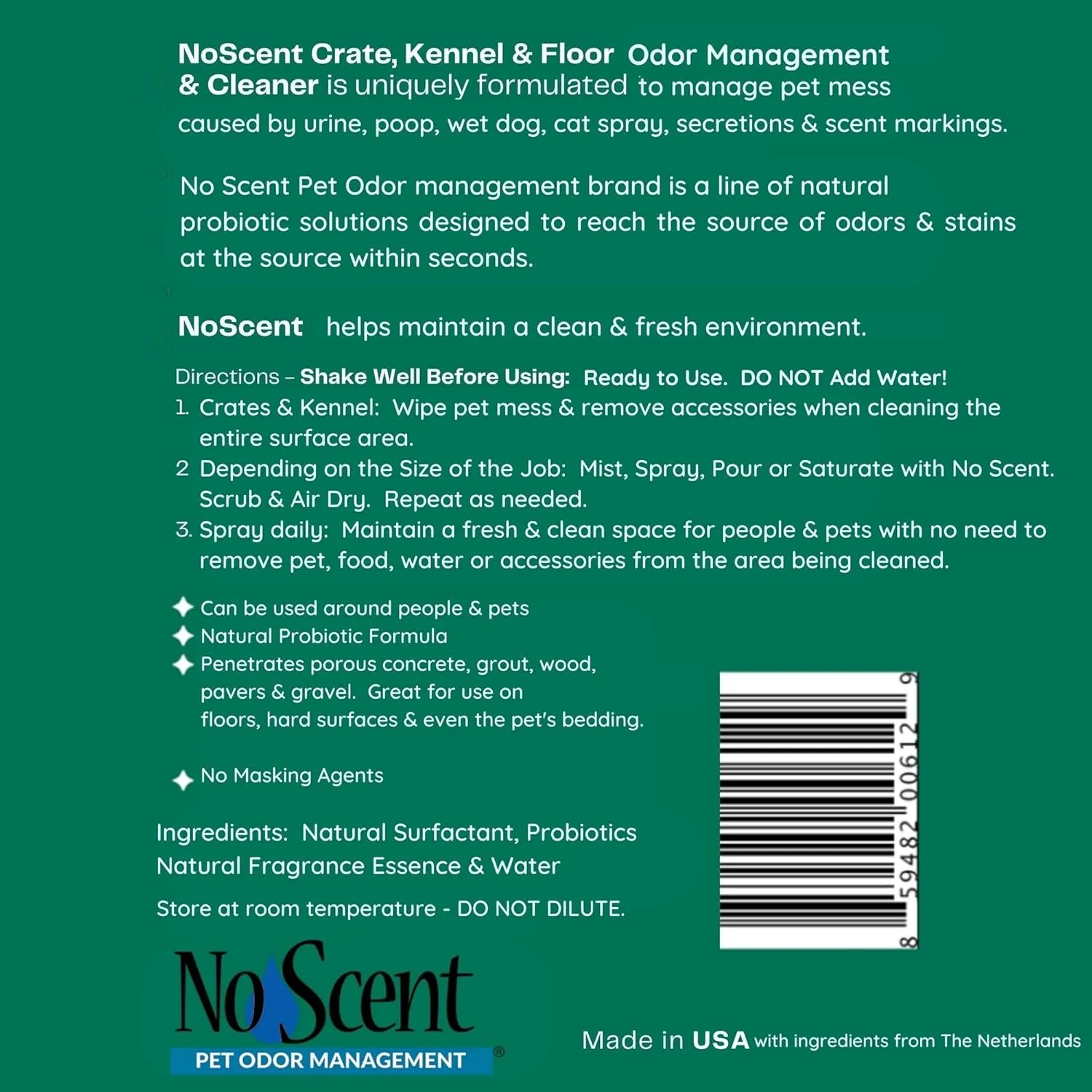 No Scent Crate Kennel & Floor Probiotic Cleaner Spray for Dog Cat Pet Odor Stains (8 Fl Oz / 237 mL)
