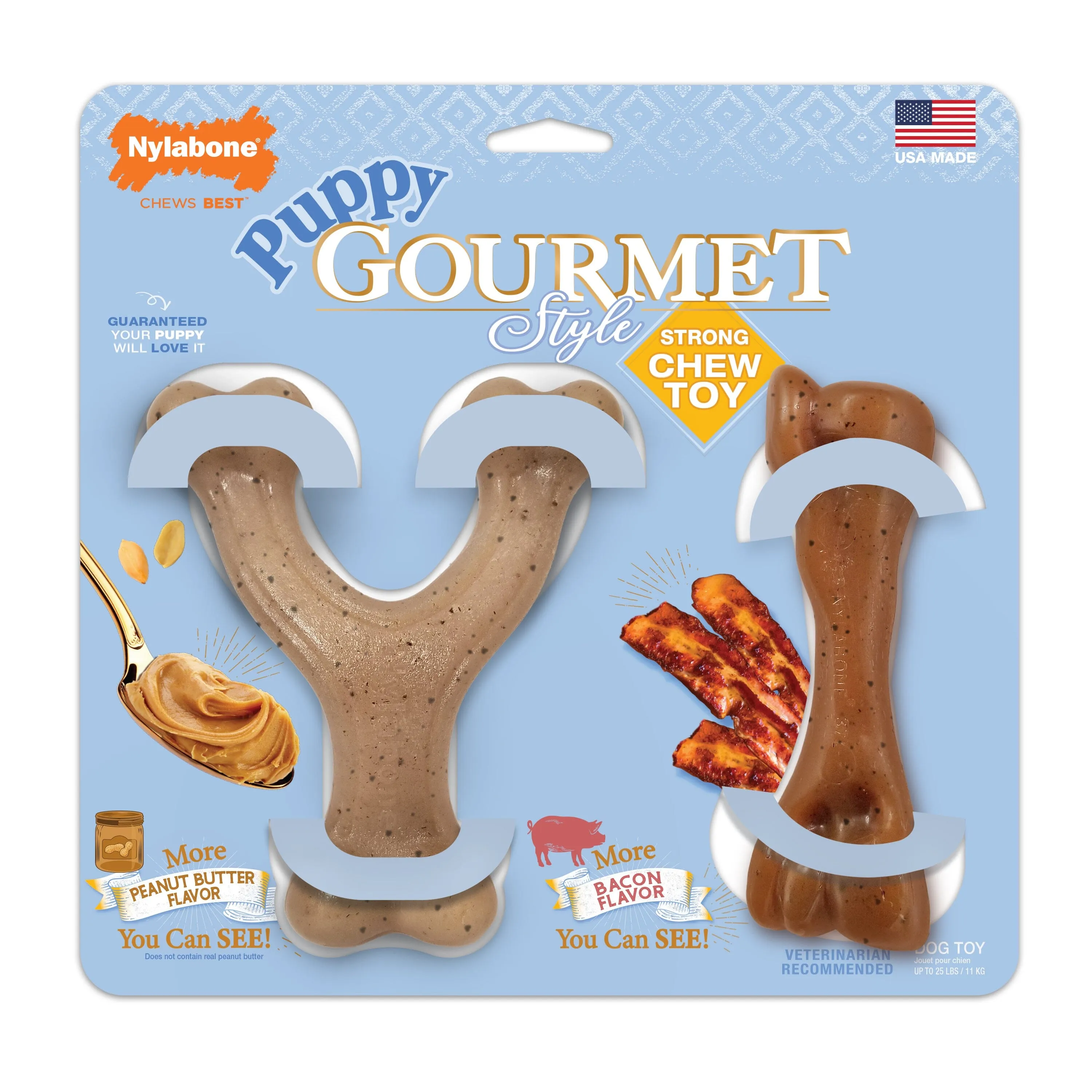 Nylabone Puppy Gourmet Style Strong Chew Toy Bundle Bacon, Peanut Butter - Small/Regular (2 Count)