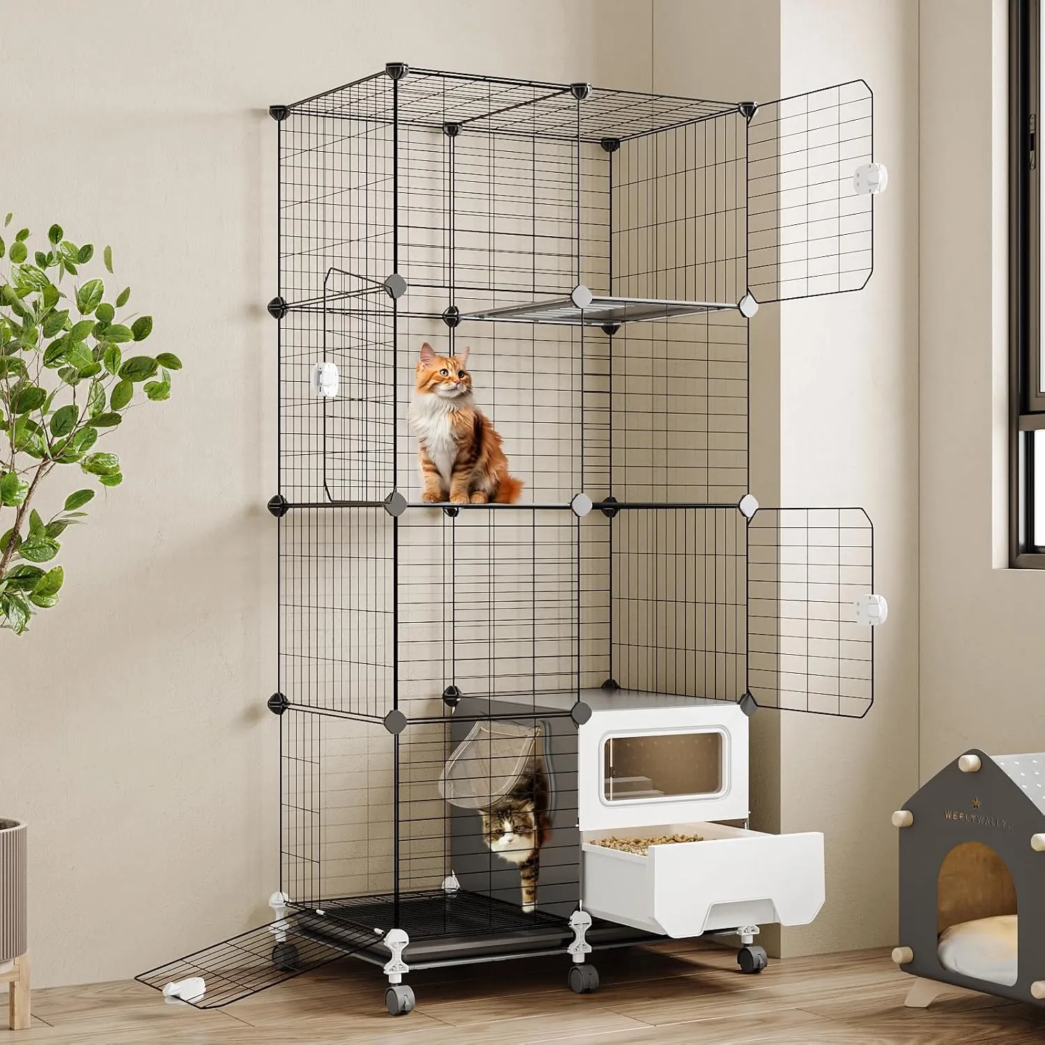 Oneluck Cat Cage Indoor with Litter Box 4-Tier Cat Playpen Detachable Metal Wire Kennel Crate Large Exercise Place Ideal for 1-2 Kitten