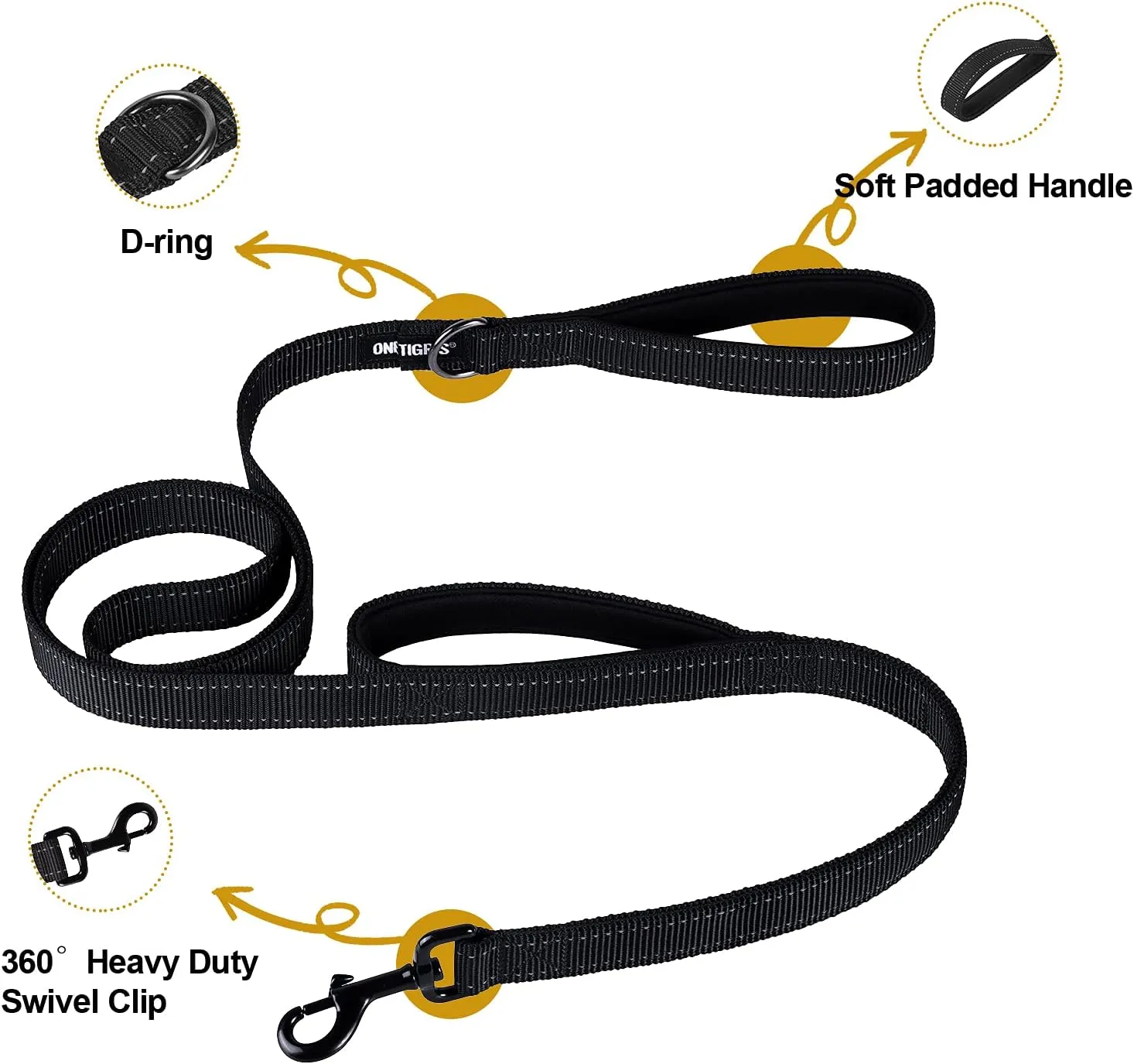 OneTigris Handled No-Pull Dog Walking Leash Long Traffic Leads for Medium to Large Dogs (Black, 6FT)