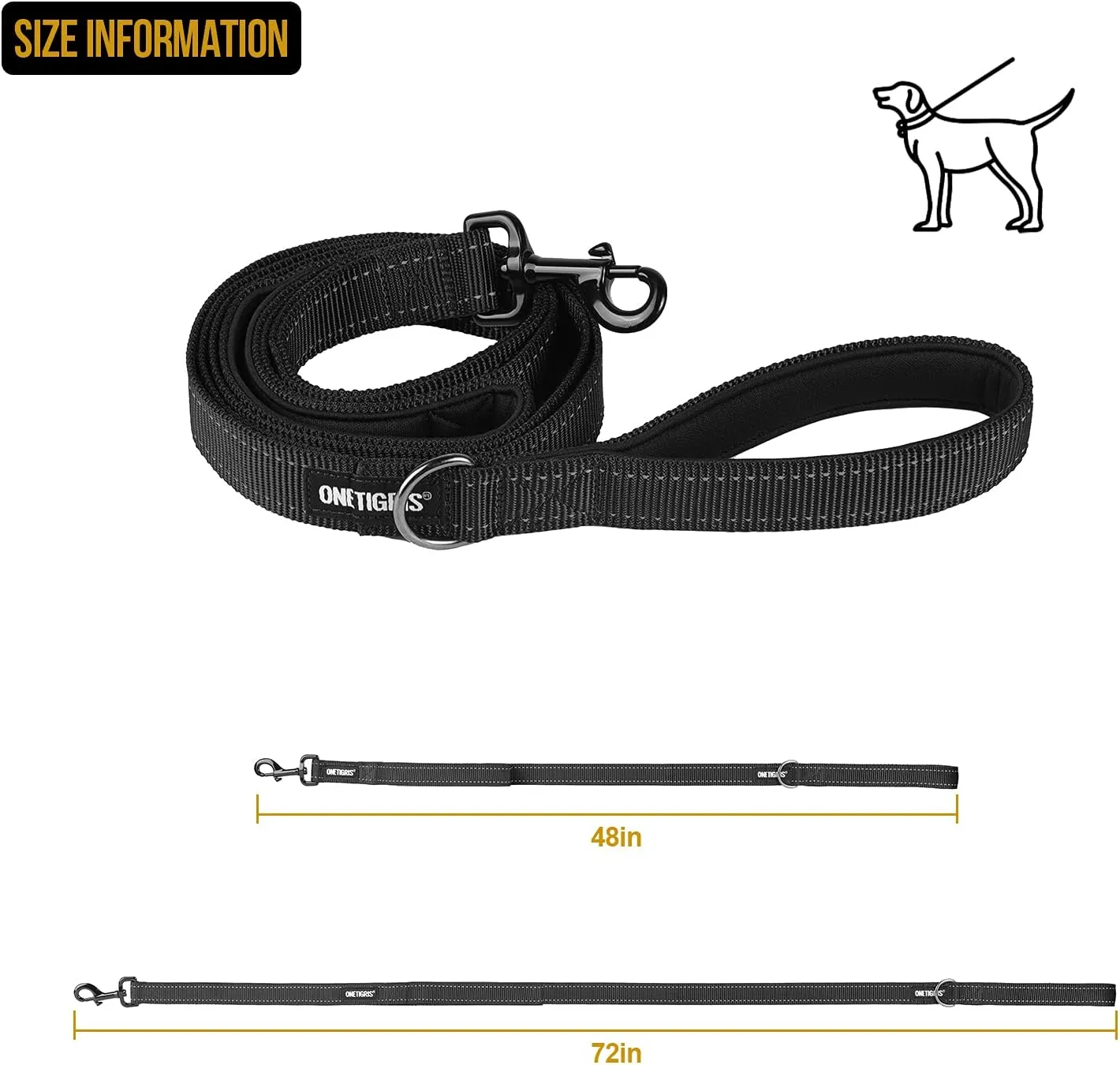 OneTigris Handled No-Pull Dog Walking Leash Long Traffic Leads for Medium to Large Dogs (Black, 6FT)