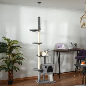 PawHut 230-280cm Huge Cat Tree Tower Ceiling High Multilevel Sisal Light Grey