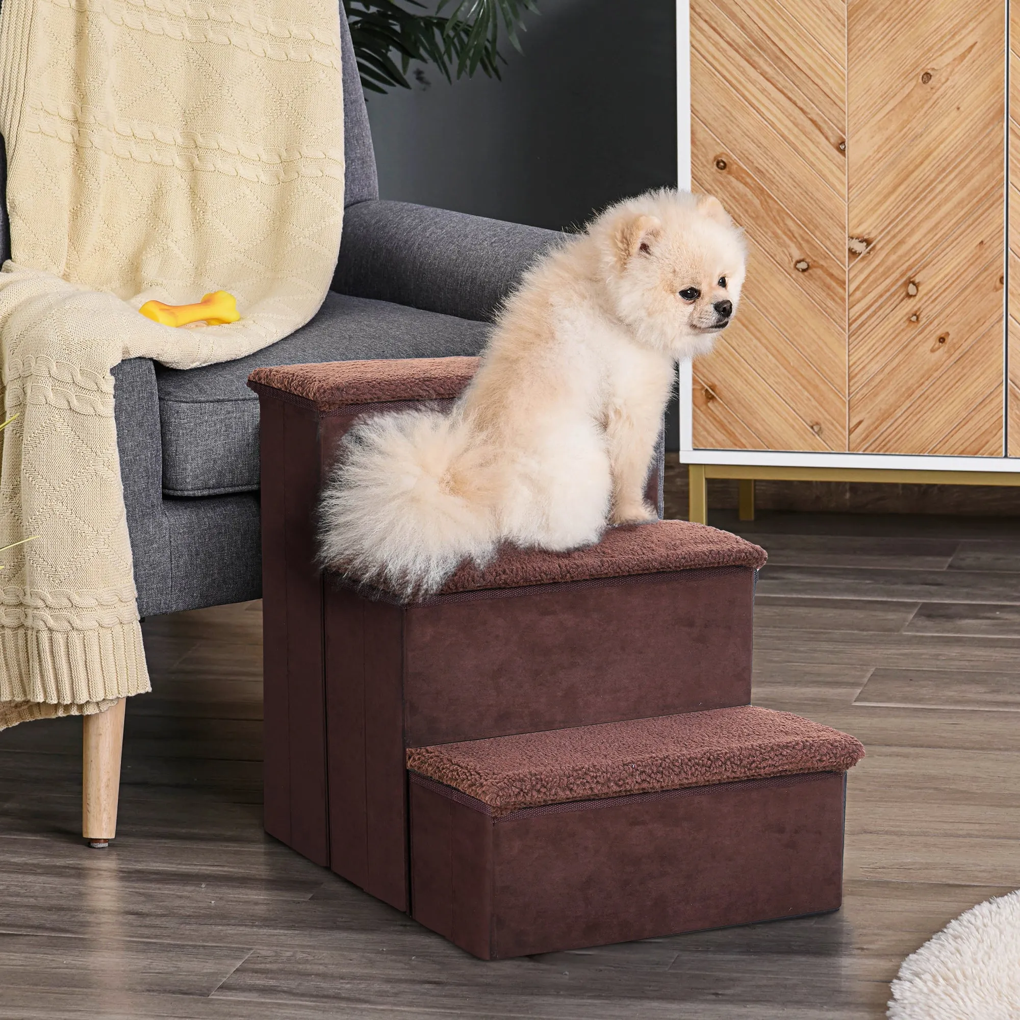 PawHut 3 Step Pet Stairs Portable Mobility Assistance w/ Washable Cover Brown