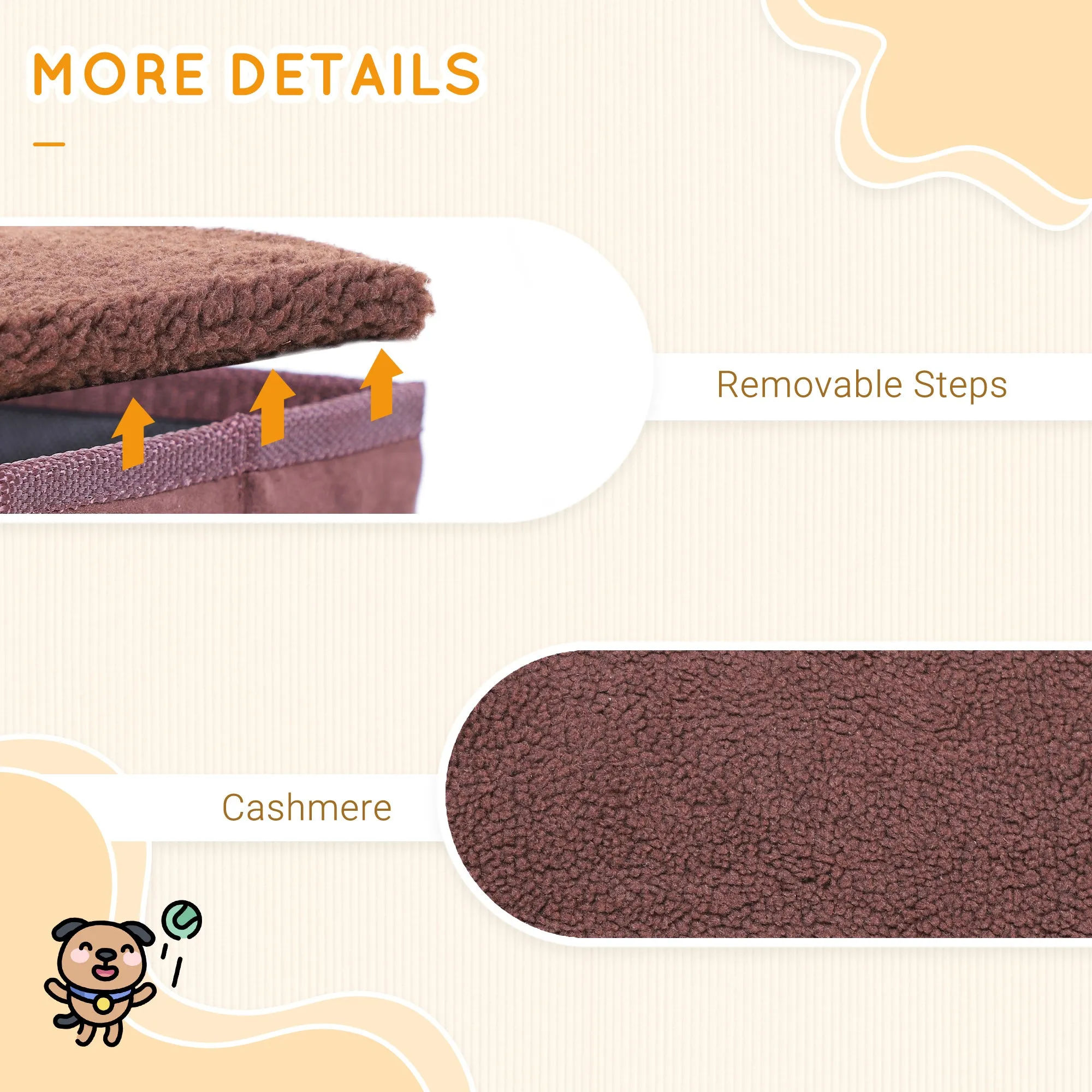 PawHut 3 Step Pet Stairs Portable Mobility Assistance w/ Washable Cover Brown