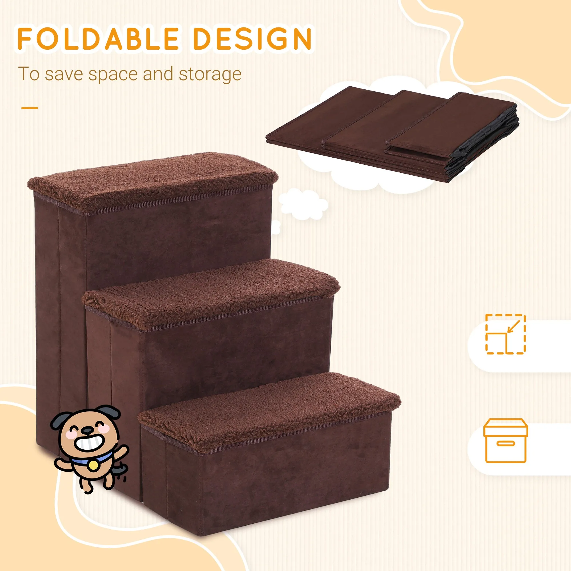 PawHut 3 Step Pet Stairs Portable Mobility Assistance w/ Washable Cover Brown