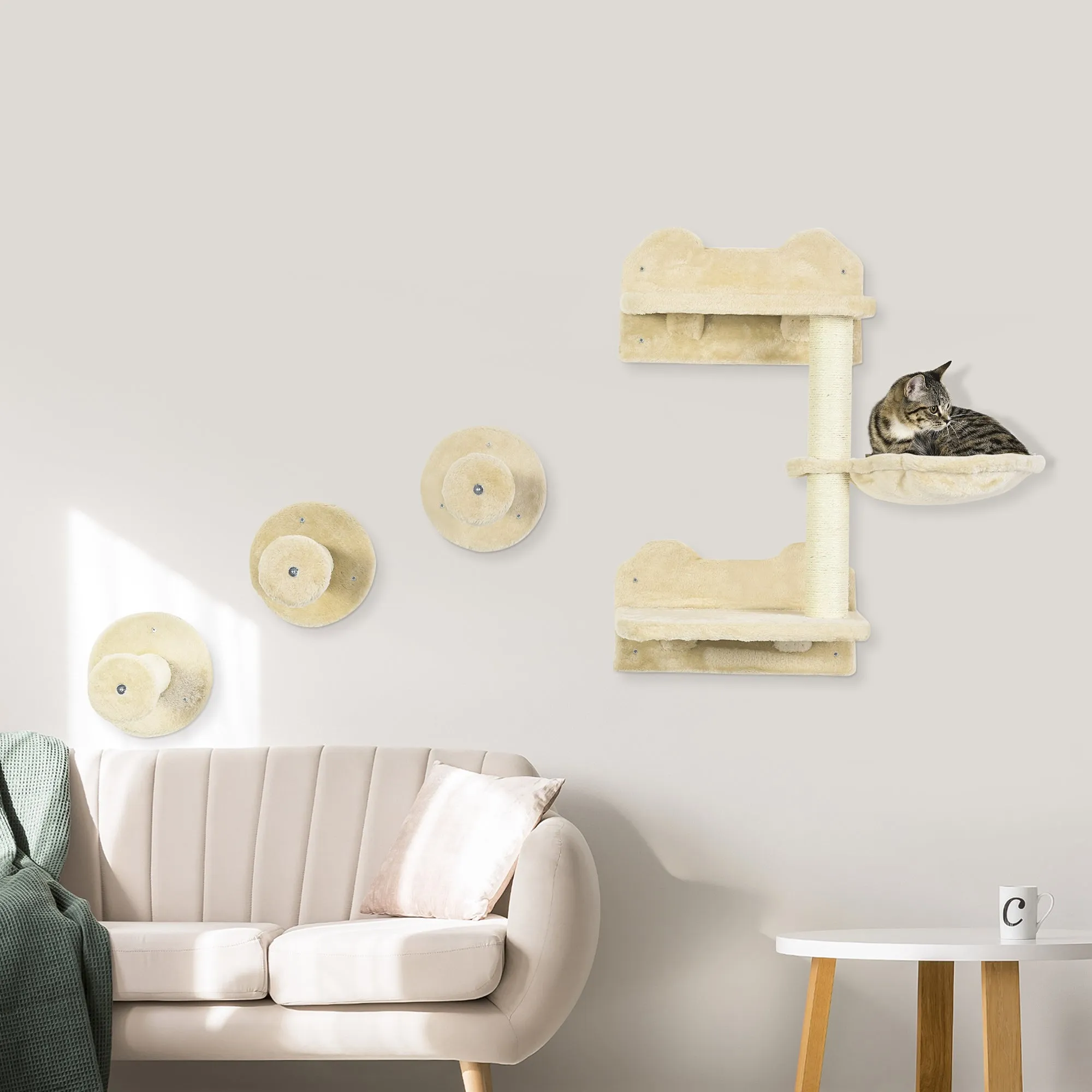 PawHut 4 Piece Cat Shelf, Cat Wall Furniture w/ Hammock, Steps, Platforms