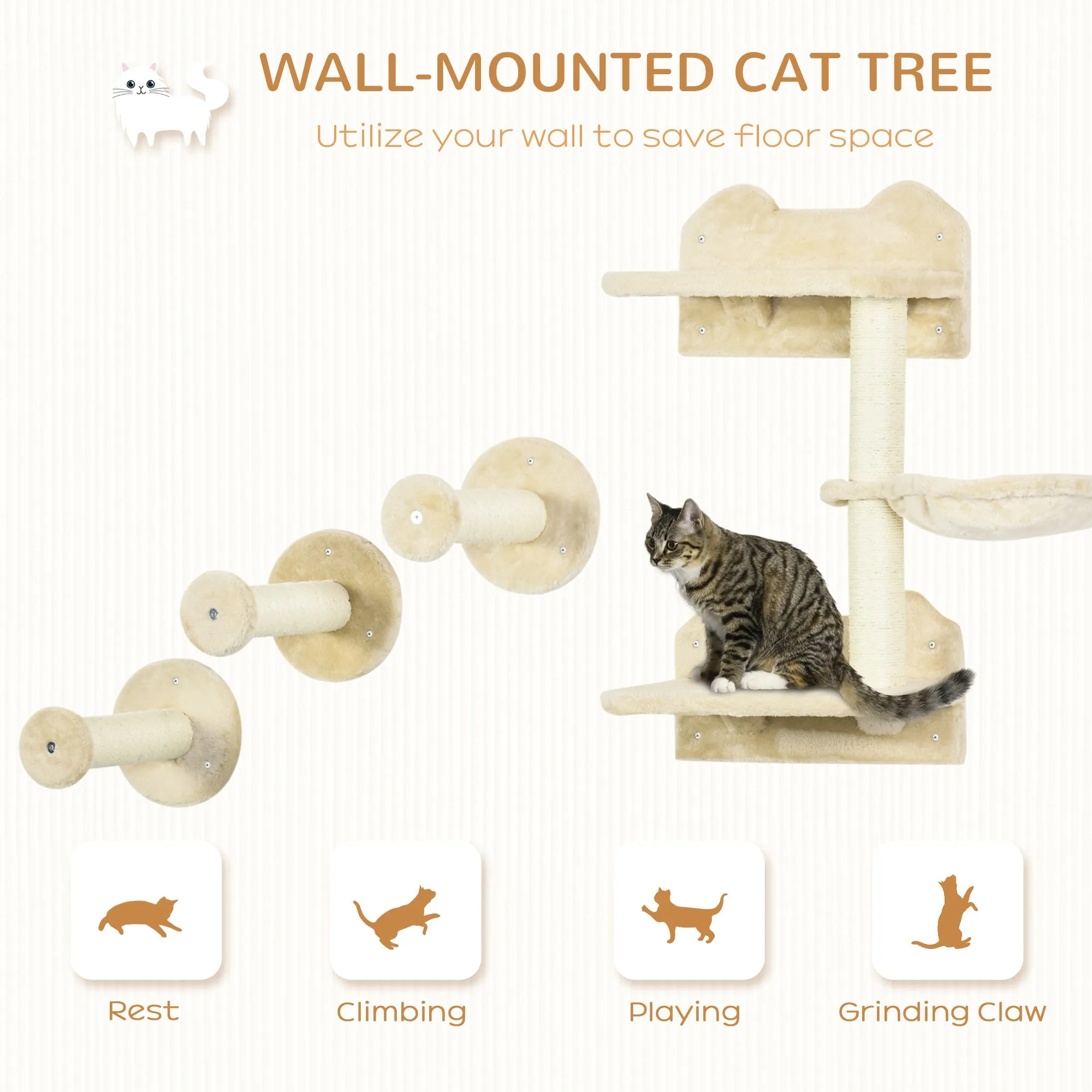 PawHut 4 Piece Cat Shelf, Cat Wall Furniture w/ Hammock, Steps, Platforms
