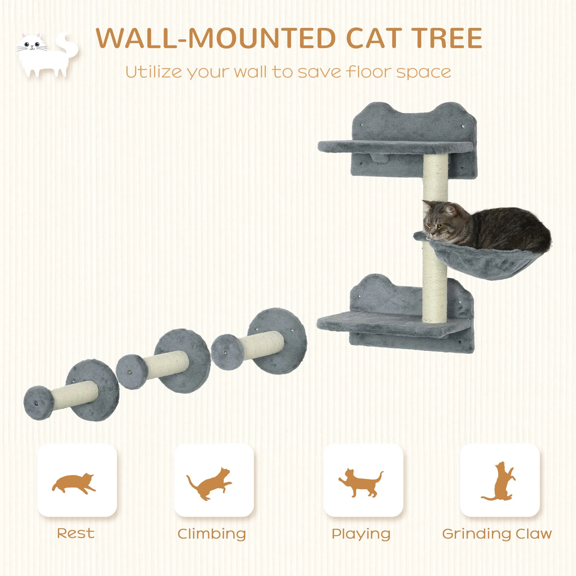 PawHut 4 Piece Cat Shelf, Cat Wall Furniture w/ Hammock, Steps, Platforms