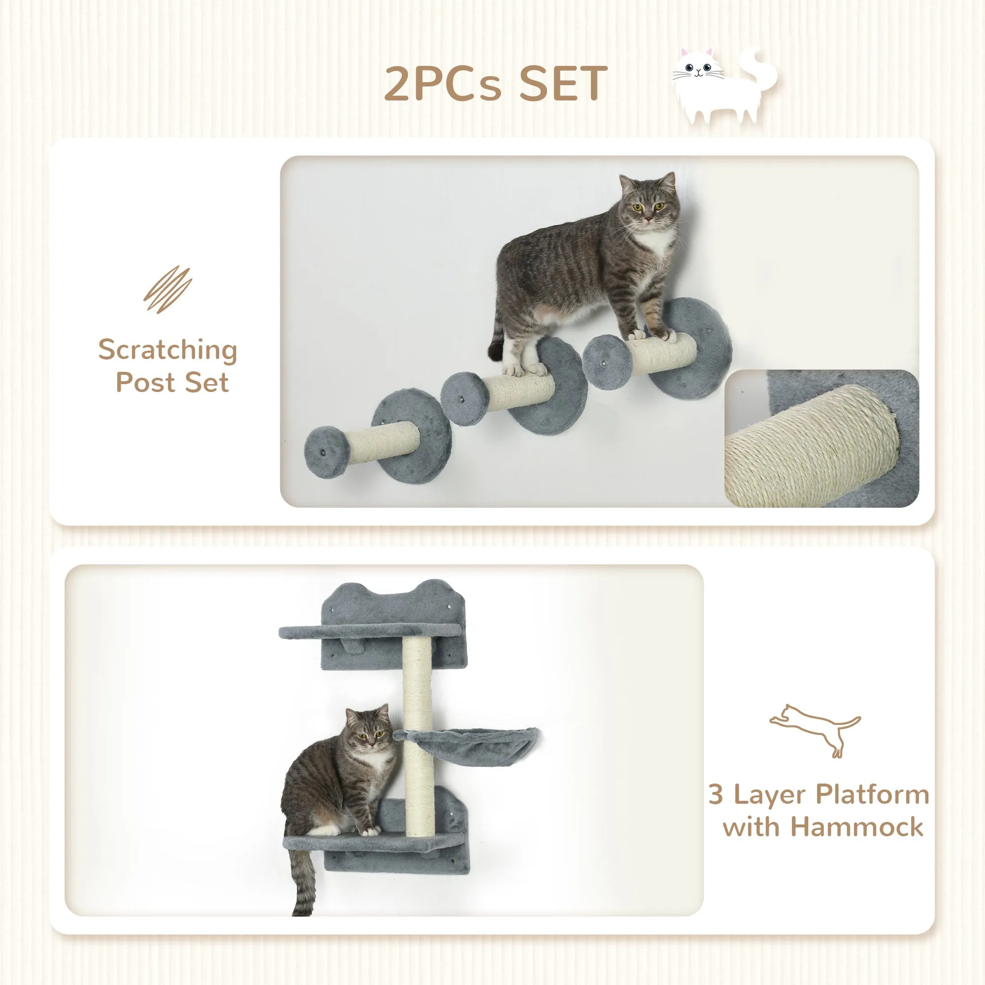 PawHut 4 Piece Cat Shelf, Cat Wall Furniture w/ Hammock, Steps, Platforms