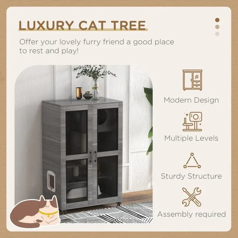 PawHut Cat Tree House with Scratching Post and Wheels