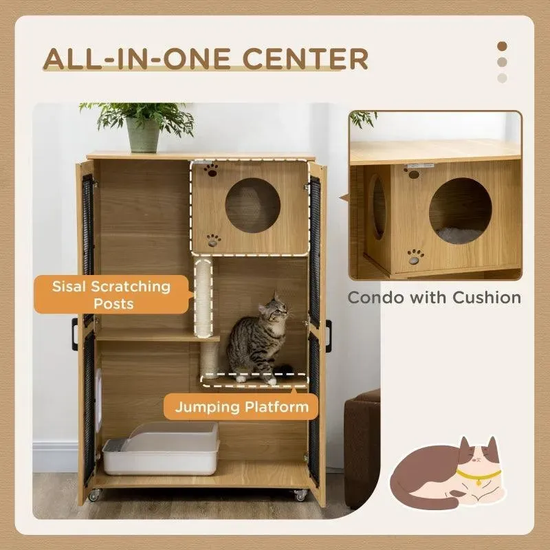 PawHut Cat Tree House with Scratching Post and Wheels