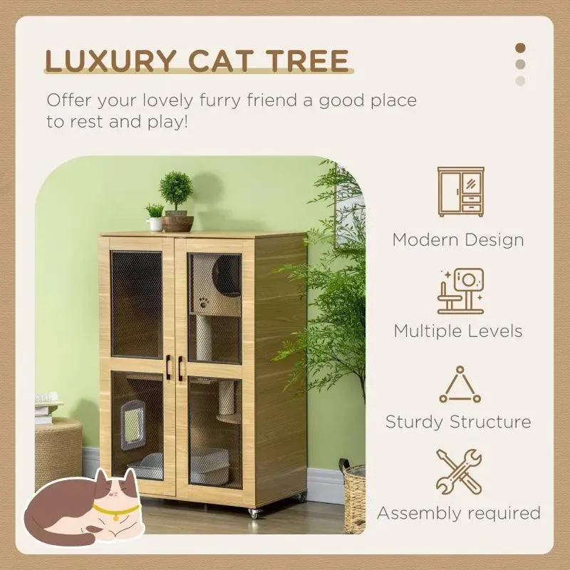 PawHut Cat Tree House with Scratching Post and Wheels