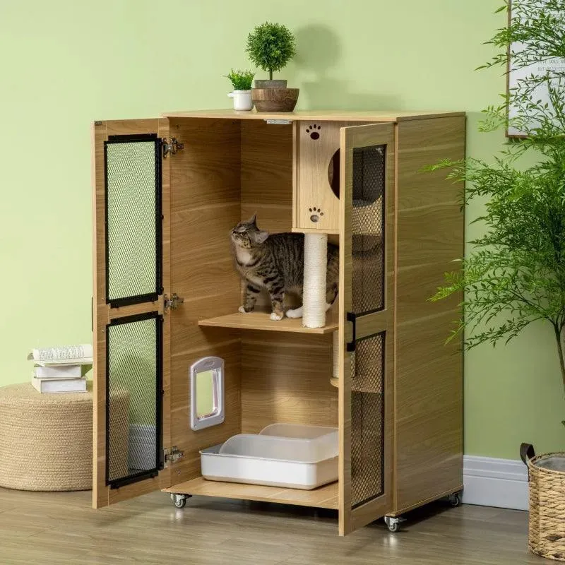 PawHut Cat Tree House with Scratching Post and Wheels