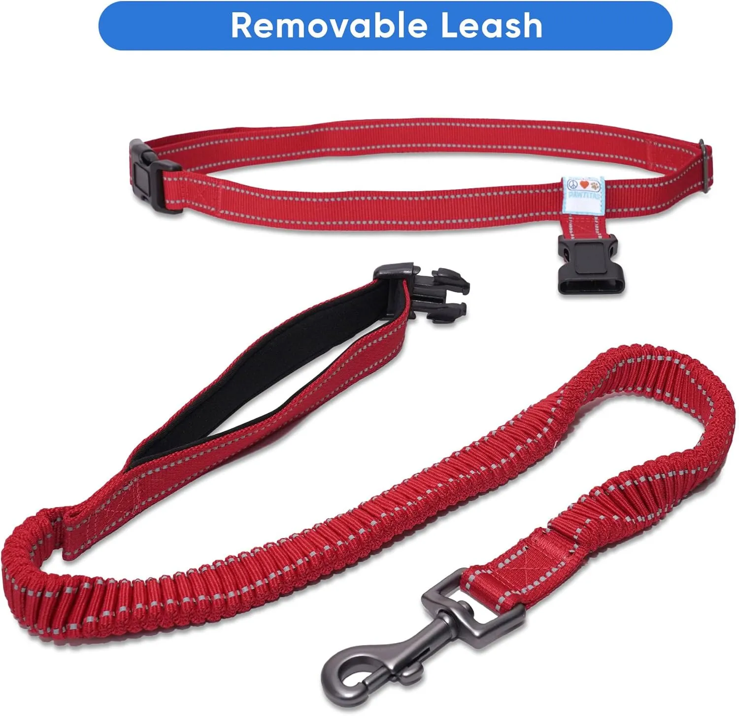 Pawtitas Red Hands Free Dog Leash for Large Dogs, Running Leash with Bungee, Reflective for Night Walking