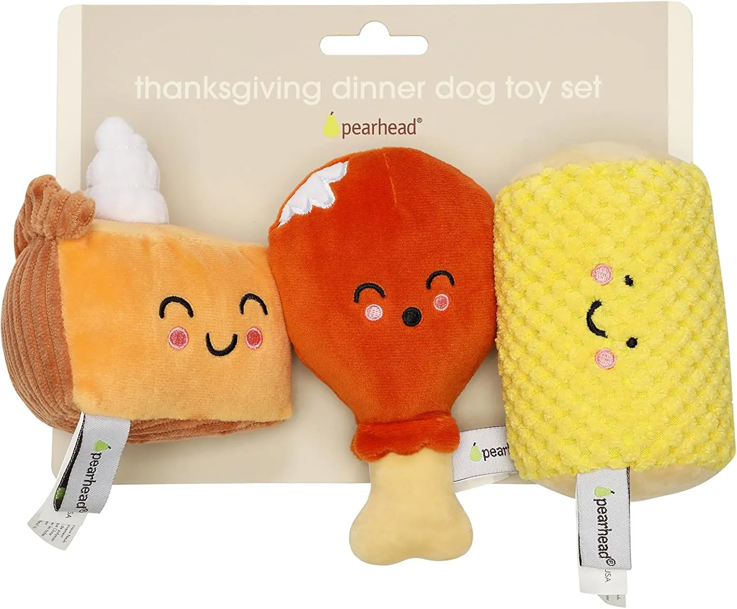 Pearhead Thanksgiving Dinner Dog Toys, Thanksgiving Toy Set for Dogs, Set of 3, Plush Dog Toys, Squeaky Dog Toy, Food Pet Toys