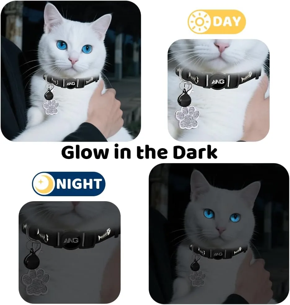 Personalized Breakaway Cat Collars Glow-in-The-Dark with ID Tag, Bell - Safety Quick - Release, Customizable for Female Male Kittens & Cats (Black)