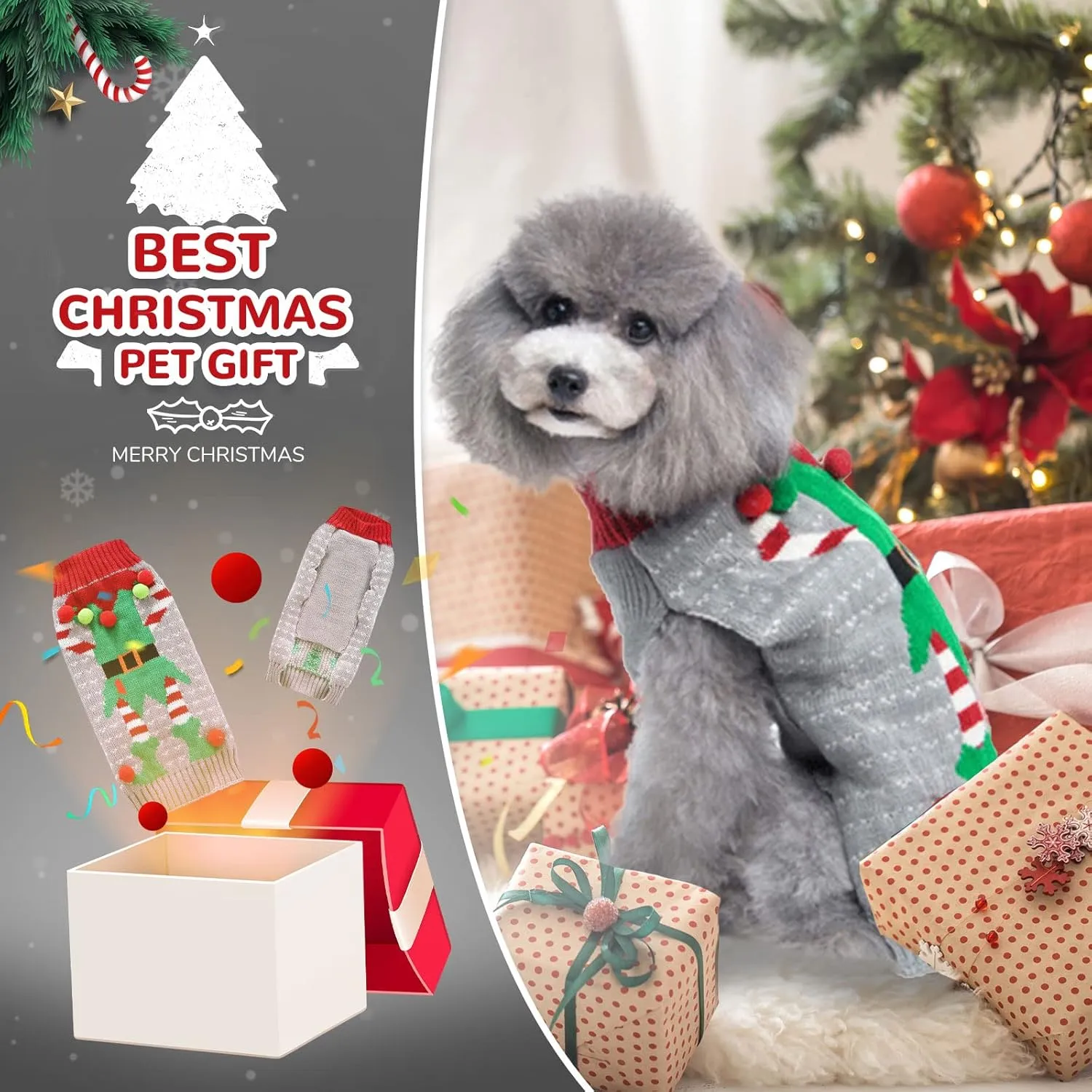 PETCARE Christmas Dog Sweater Ugly Elf Clown Cat Sweater Vest Pet Jumper Grey Green Holiday Dog Clothes Puppy Sweaters for Small Medium Large Dogs Cats Fall Winter Outfits Xmas Dog Costume,XX-Large