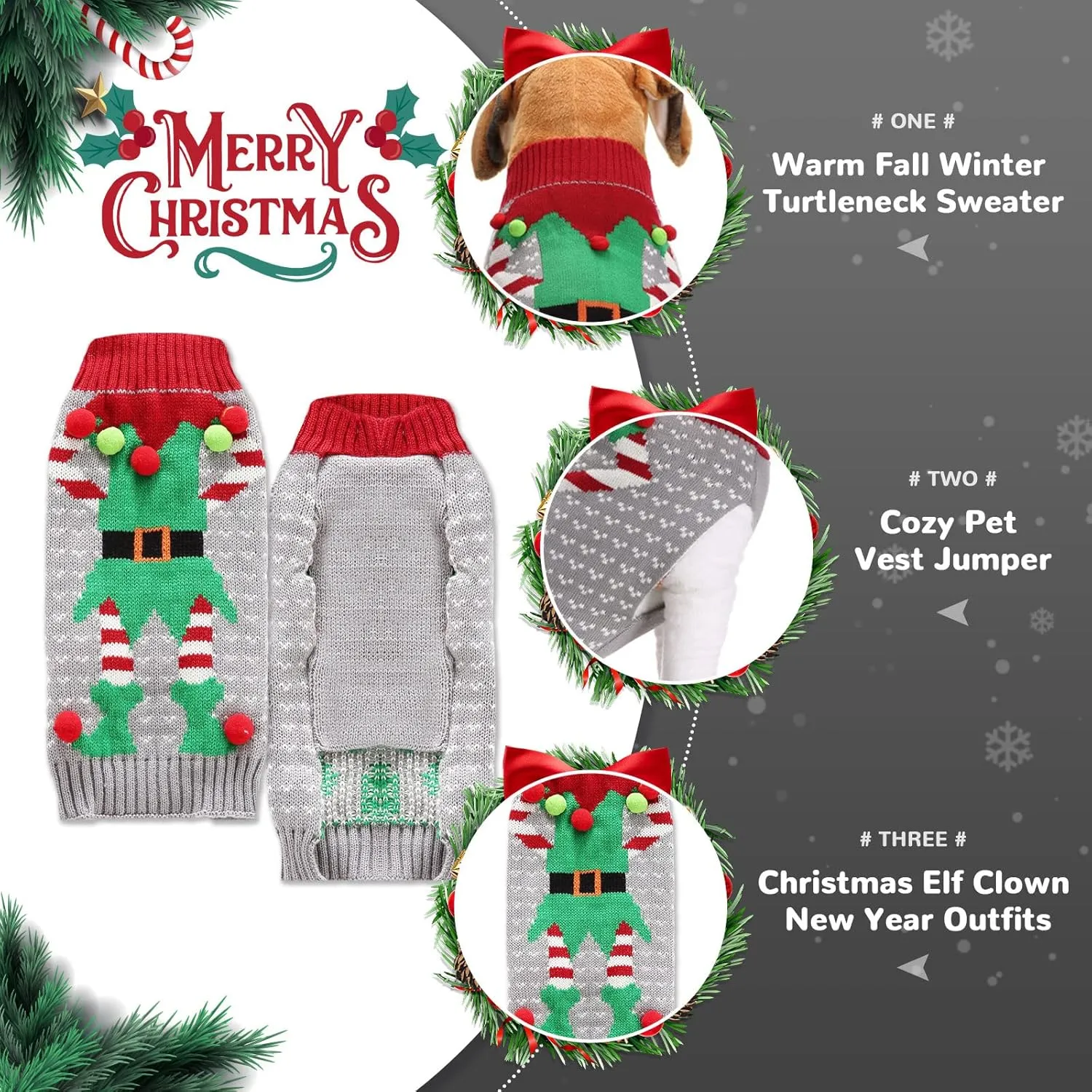 PETCARE Christmas Dog Sweater Ugly Elf Clown Cat Sweater Vest Pet Jumper Grey Green Holiday Dog Clothes Puppy Sweaters for Small Medium Large Dogs Cats Fall Winter Outfits Xmas Dog Costume,XX-Large