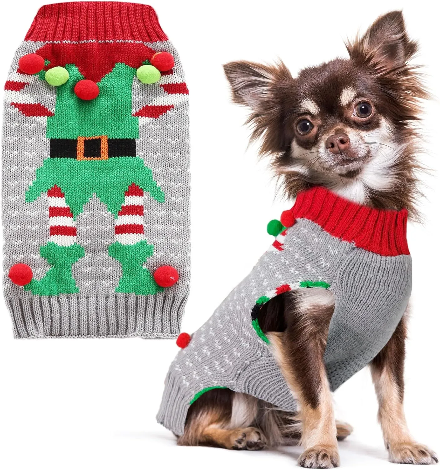PETCARE Christmas Dog Sweater Ugly Elf Clown Cat Sweater Vest Pet Jumper Grey Green Holiday Dog Clothes Puppy Sweaters for Small Medium Large Dogs Cats Fall Winter Outfits Xmas Dog Costume,XX-Large