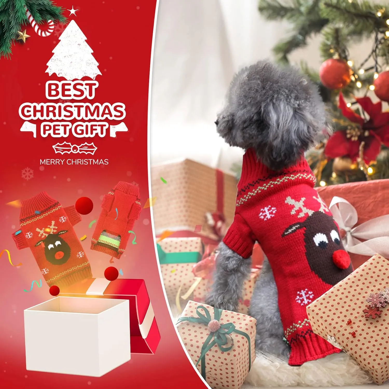 PETCARE Dog Ugly Christmas Sweater Red Funny Cute Cartoon Reindeer Cat Sweaters Jumper Holiday Dog Clothes Puppy Sweaters for Small Medium Large Dogs Fall Winter Outfits Xmas Dog Costume,XX-Large