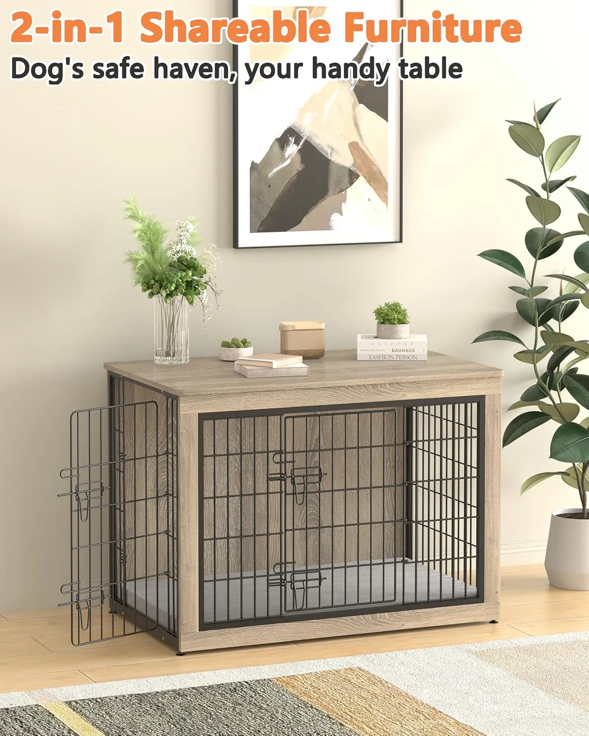 Piskyet Dog Crate Furniture with Cushion,Heavy-Duty Reinforced Metal Mesh,27" Wooden Dog Crate End Table with Double Doors,Indoor Dog Kennel,Dog Cage Side Table for Small Breed,Grey