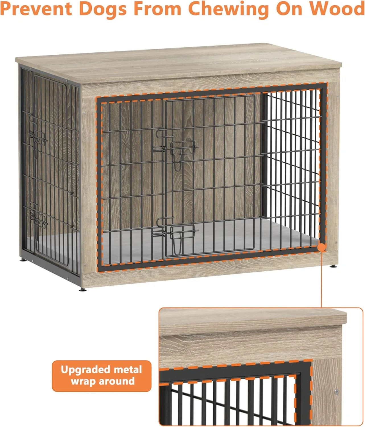 Piskyet Dog Crate Furniture with Cushion,Heavy-Duty Reinforced Metal Mesh,27" Wooden Dog Crate End Table with Double Doors,Indoor Dog Kennel,Dog Cage Side Table for Small Breed,Grey