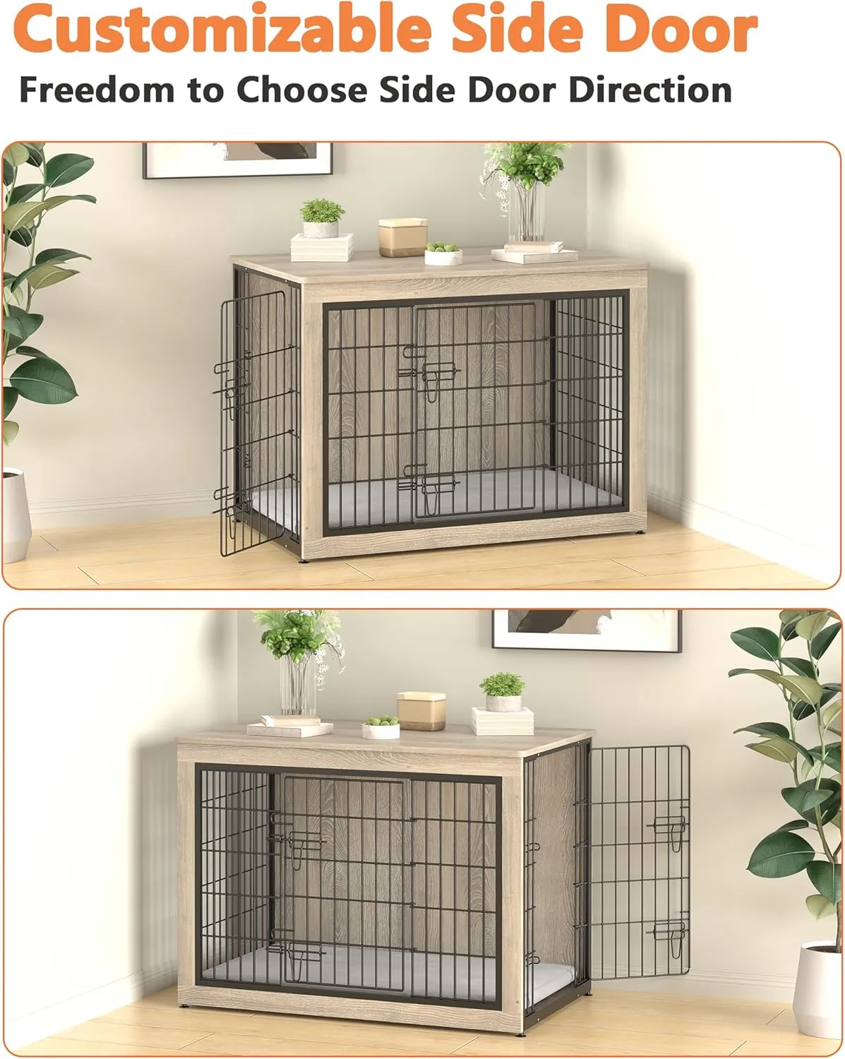 Piskyet Dog Crate Furniture with Cushion,Heavy-Duty Reinforced Metal Mesh,27" Wooden Dog Crate End Table with Double Doors,Indoor Dog Kennel,Dog Cage Side Table for Small Breed,Grey