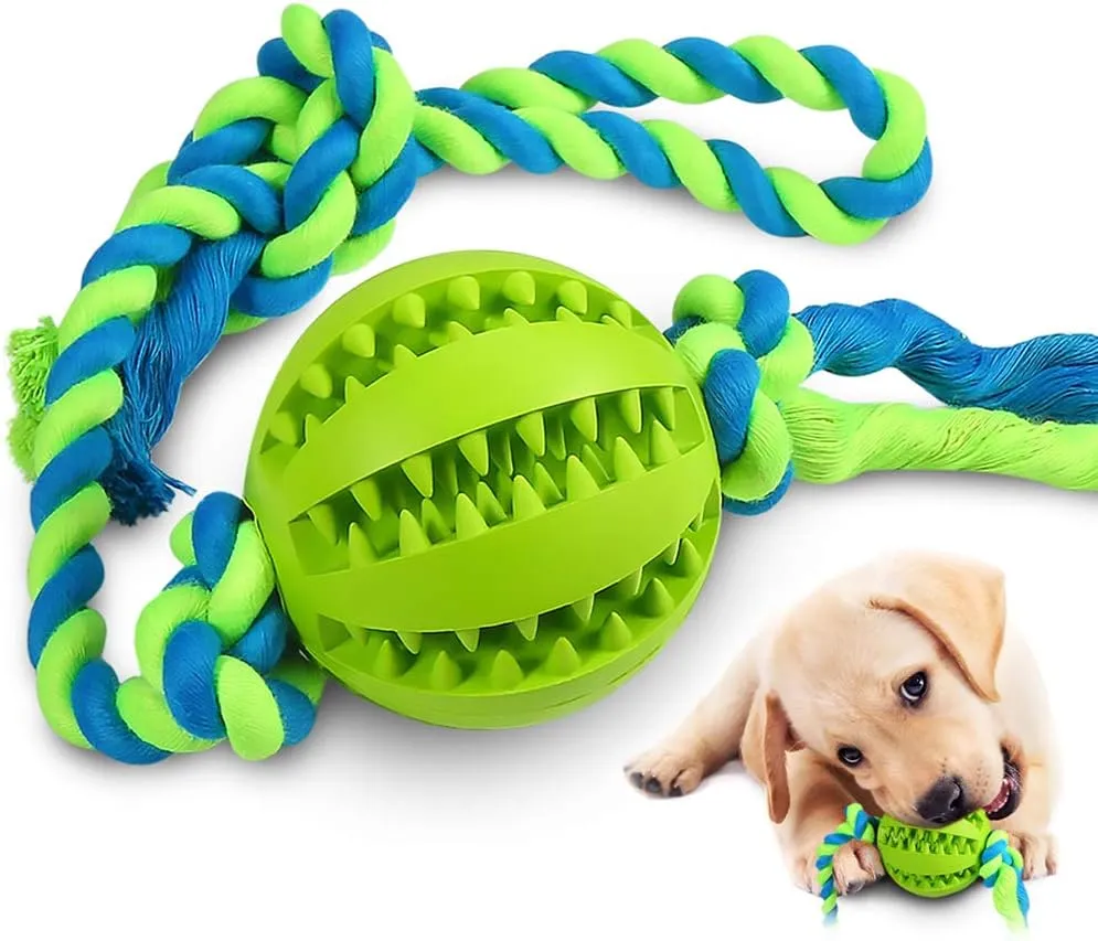 Puppy Toys Interactive Dog Toys Balls for Small Medium Dogs Chew Teething Teeth Cleaning Treat Dispensing Durable Rubber Ball Dog Rope Toy for Tug of War Playing(Green)