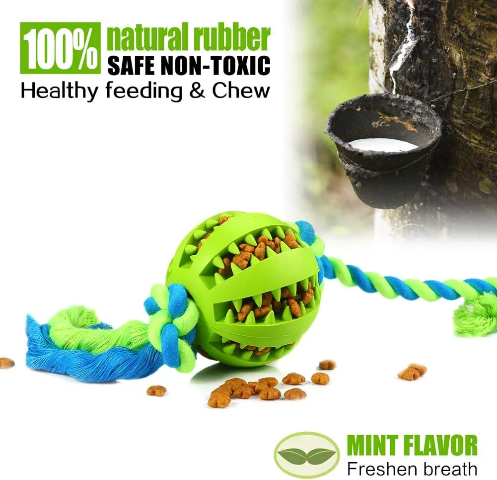 Puppy Toys Interactive Dog Toys Balls for Small Medium Dogs Chew Teething Teeth Cleaning Treat Dispensing Durable Rubber Ball Dog Rope Toy for Tug of War Playing(Green)
