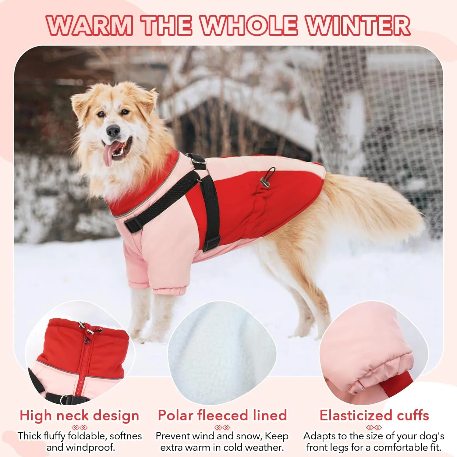 QBLEEV Warm Dog Coat With Adjustable Buckle, Winter Christmas Jacket for Large Dogs, High Collar Snow Jacket, Thick Cold Weather Fleece Lined Snowsuit Vest Pet Clothes L