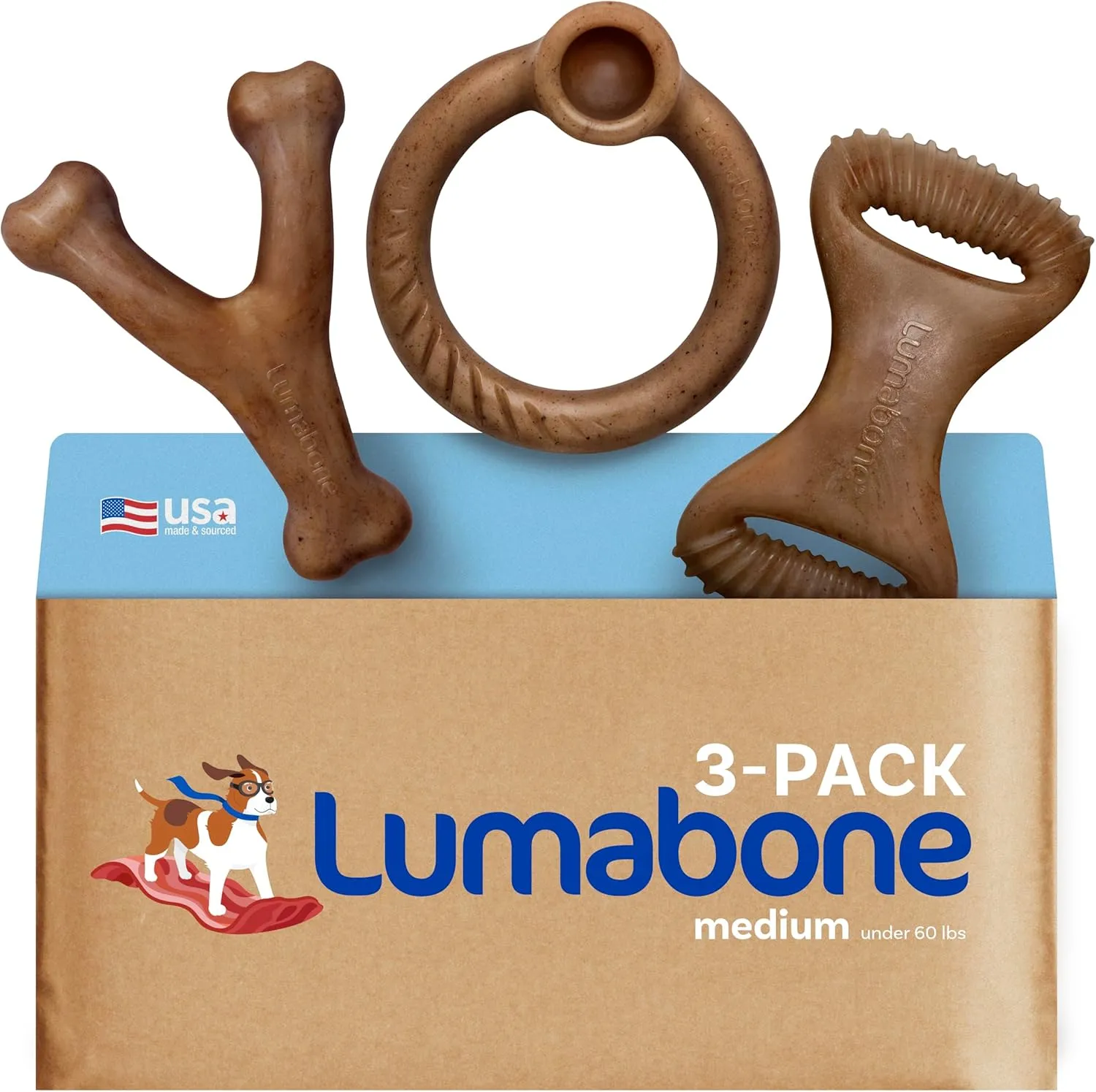 Real Bacon 3-Pack Dog Toys for Aggressive Chewers,Wishbone, Dental Chew, Ring Bacon Medium