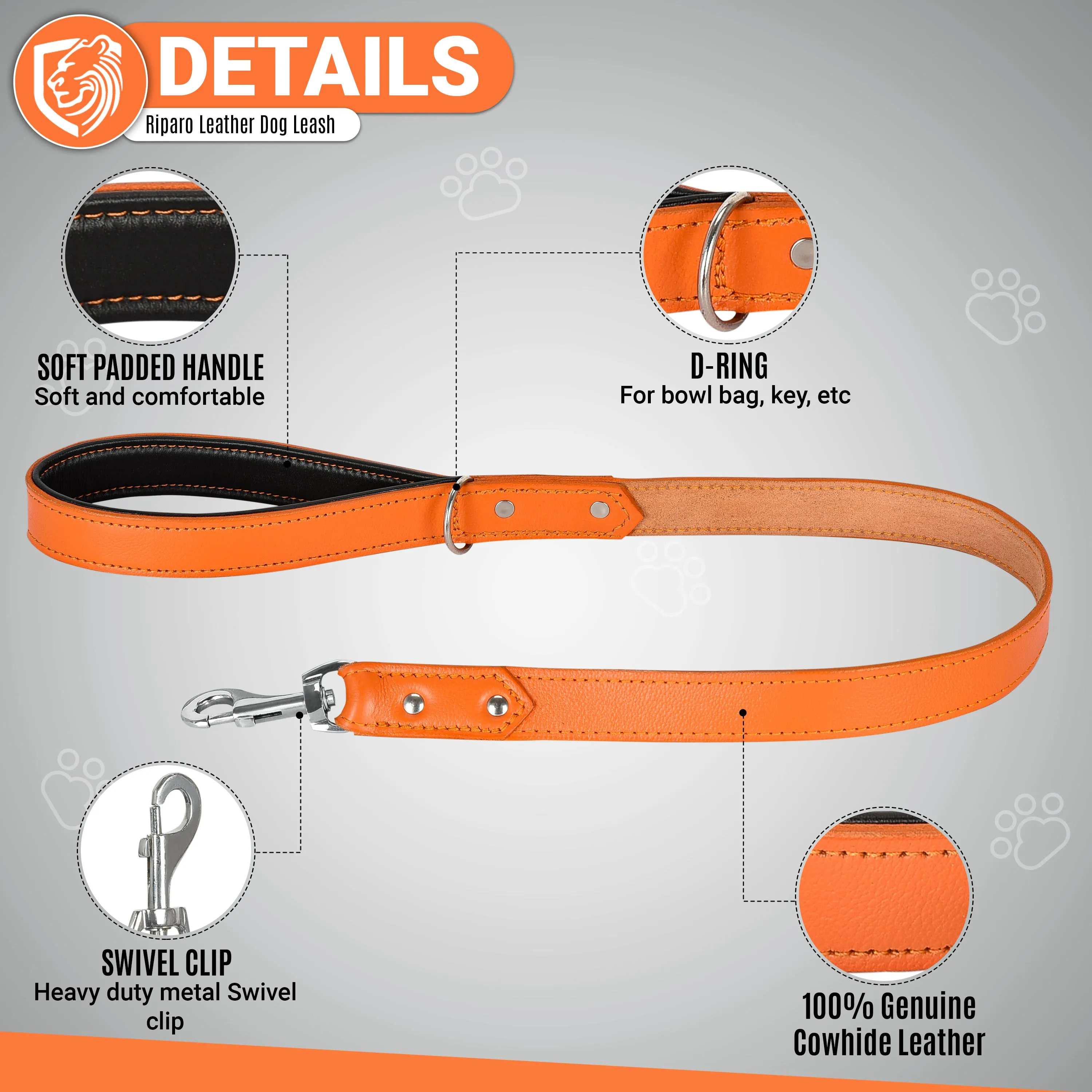 Riparo Heavy Duty Leather Dog Leash with Padded Handle, 3FT Long Dog Lead, 1.25IN Wide Dog Training Walking Leashes for Medium Large Dogs - Orange