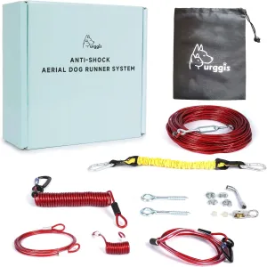 Runner for Yard, Anti-Shock Trolley System 50/75/100/150/200FT, Heavy-Duty Aerial Run Cable With Bungee for Small to Large Dogs up to 300lbs, Outside Zip Line for Backyard, Camping, Park