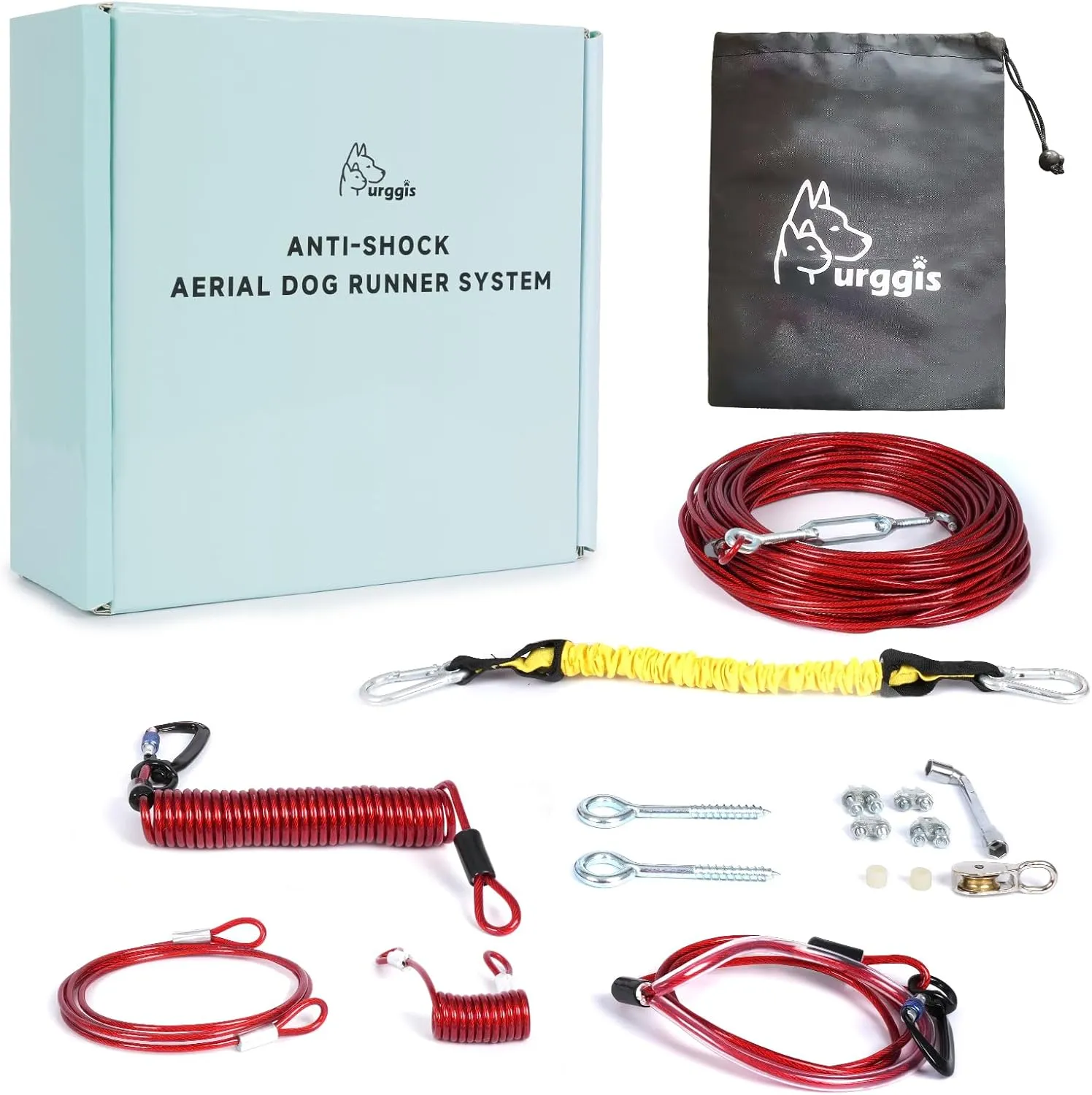 Runner for Yard, Anti-Shock Trolley System 50/75/100/150/200FT, Heavy-Duty Aerial Run Cable With Bungee for Small to Large Dogs up to 300lbs, Outside Zip Line for Backyard, Camping, Park