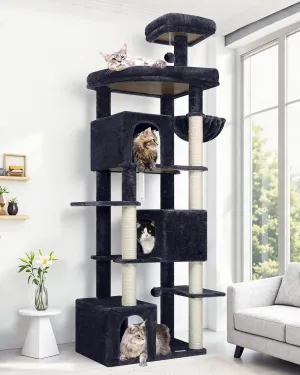 S80 Large Cat Tree Tower for Indoor Cats, Sturdy Heavy Duty Cat Condo with 3 Spacious Cat Houses, Oversized Top Perch and 6 Full Sisal Posts, Modern Cat Furniture for Large Cats, Dark Grey