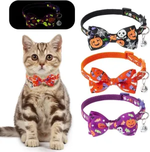 SCENEREAL Cat Collar Breakaway Halloween Theme 3 Pack - Glow-in-The-Dark Safety Collars, Pet Accessory for Outdoor and House Cats Kittens