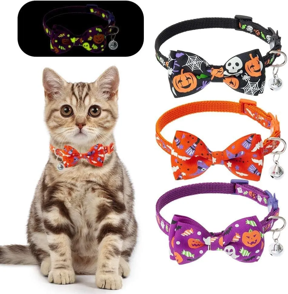 SCENEREAL Cat Collar Breakaway Halloween Theme 3 Pack - Glow-in-The-Dark Safety Collars, Pet Accessory for Outdoor and House Cats Kittens