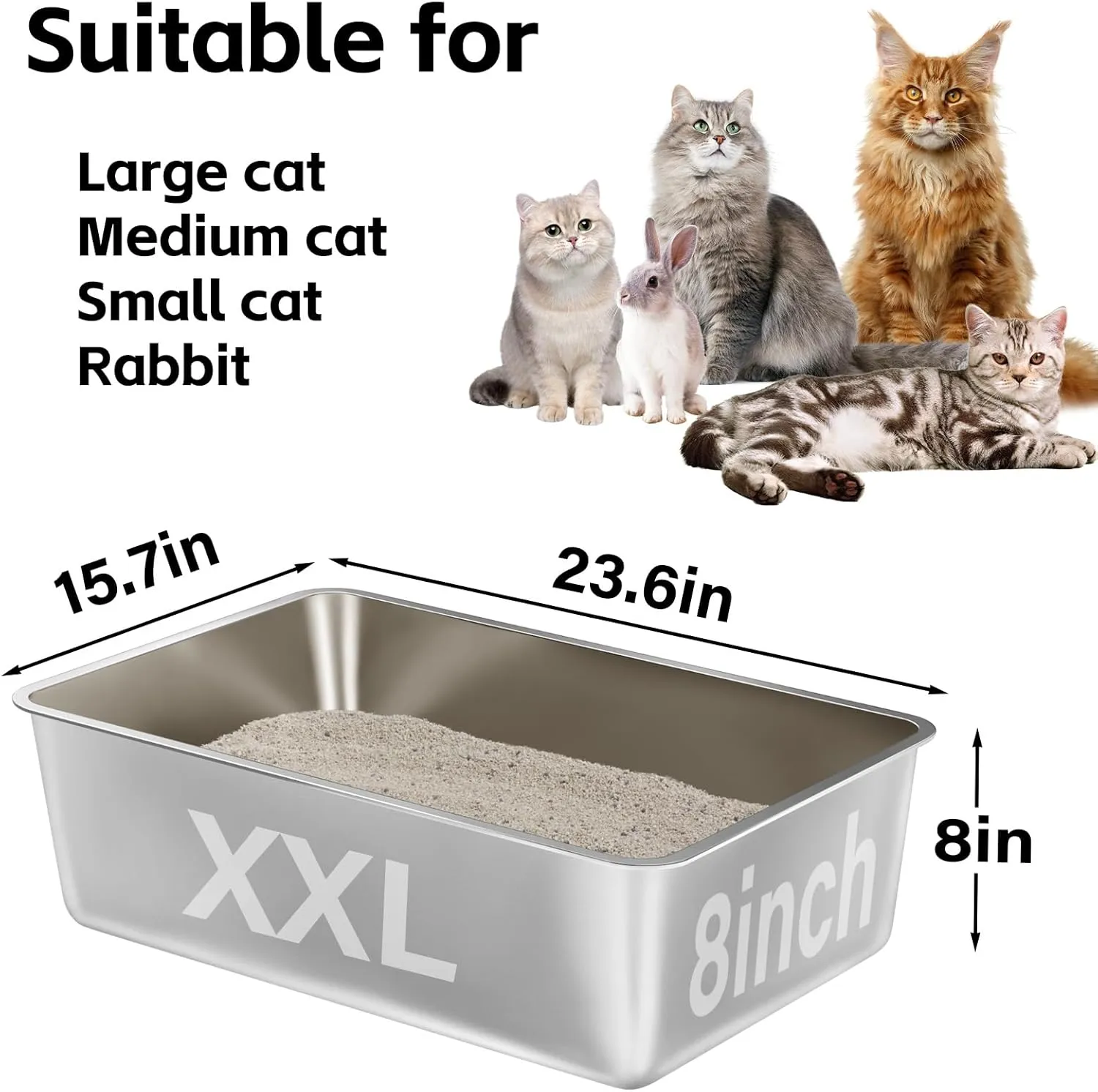 Stainless Steel Cat Litter Box,XXL Metal Litter Box for Big Cats 8IN Deep, Metal Pet Toilet Easy to Clean,High Sided Litter Boxes-Cat Litter Pan for Adult Cats,Non Stick, No Smell